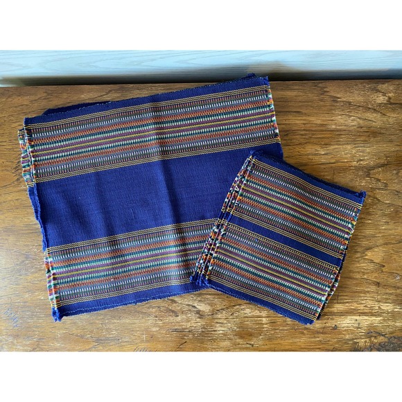 Vintage Guatemalan Woven Navy Blue Striped Placemats and Napkins - Set of 6